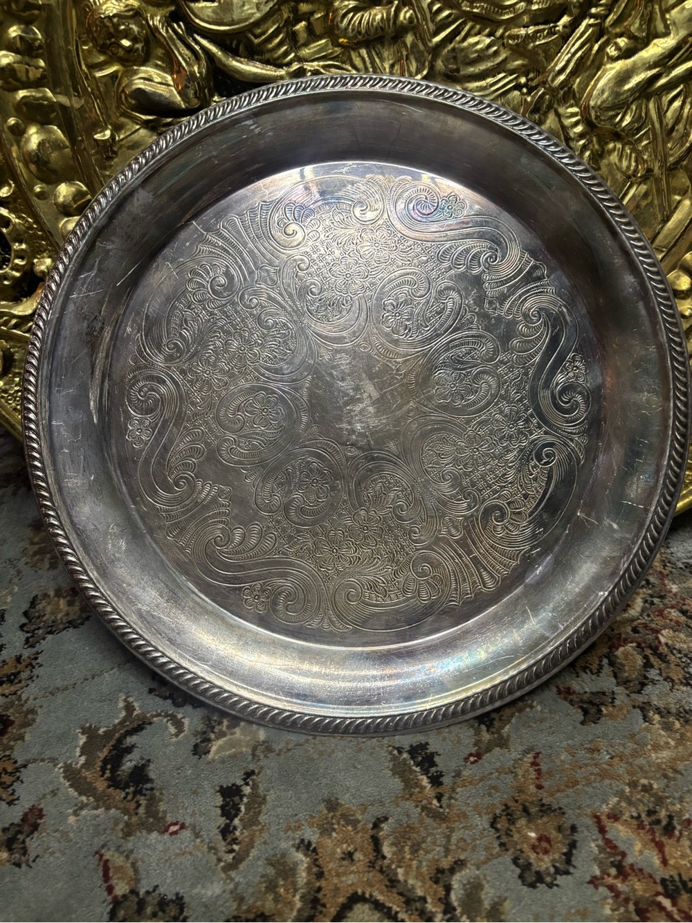 Antique Engraved Trademark 1883 Silver Plated Metal Serving Tray